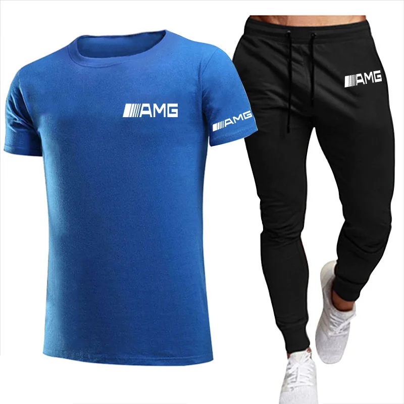 

2021 New High Street 2-piece AMG Sportswear Fashion Men's Short Sleeve + Pants Pullover Sportswear Suit Casual Sports Jogging Me