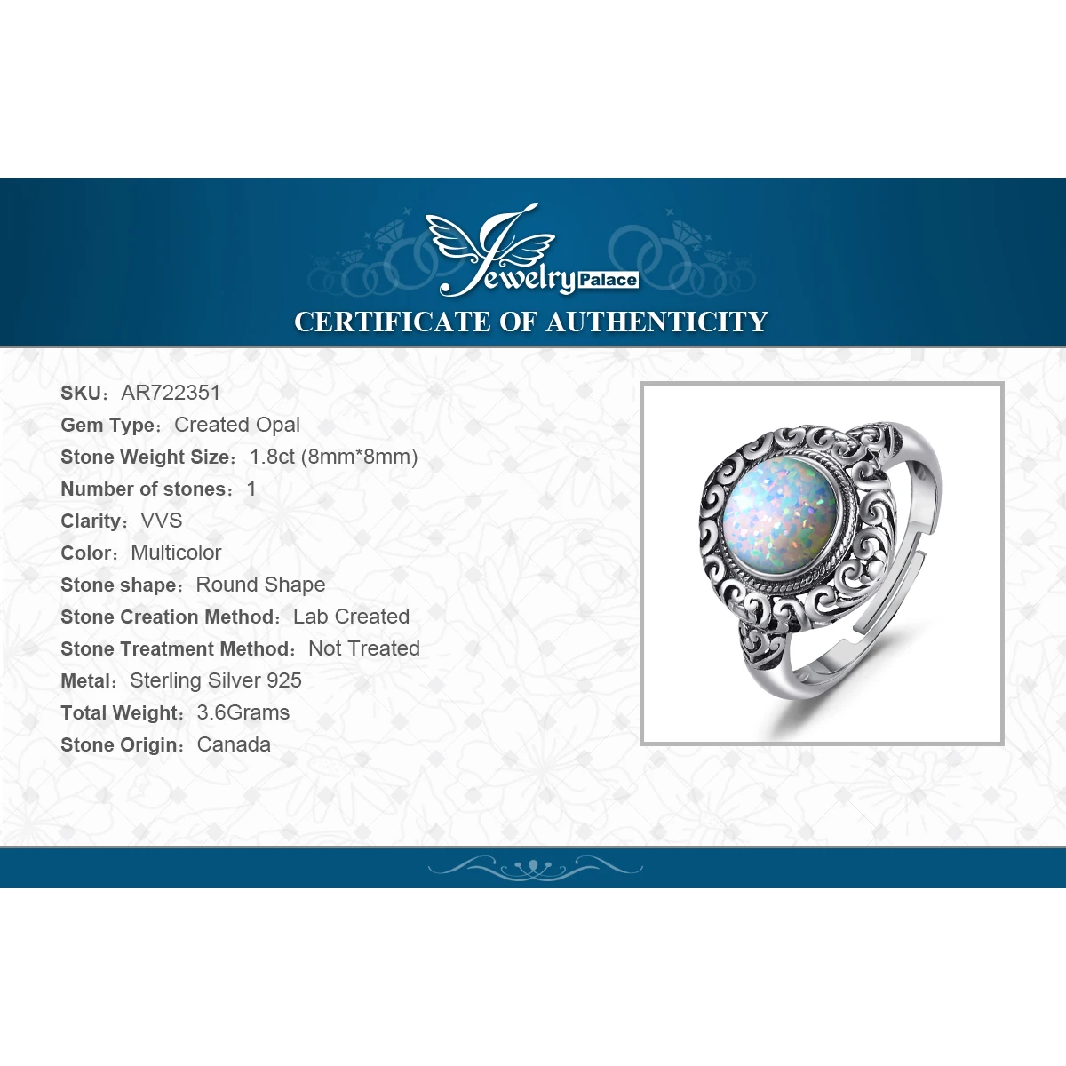 

JewelryPalace Vintage 1.5ct Round Cabochon Created Opal Carving Heart Ring Open Adjustable 925 Sterling Silver Rings Jewelry