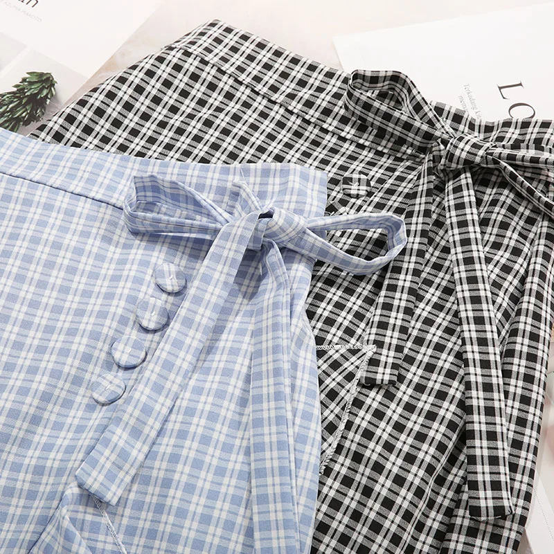 

Women's Plaid Skirts Ruffled Layers Irregular Spring Summer Autumn Casual Elastic Waist Bow Lace-Up Lattice Trumpet Clothing