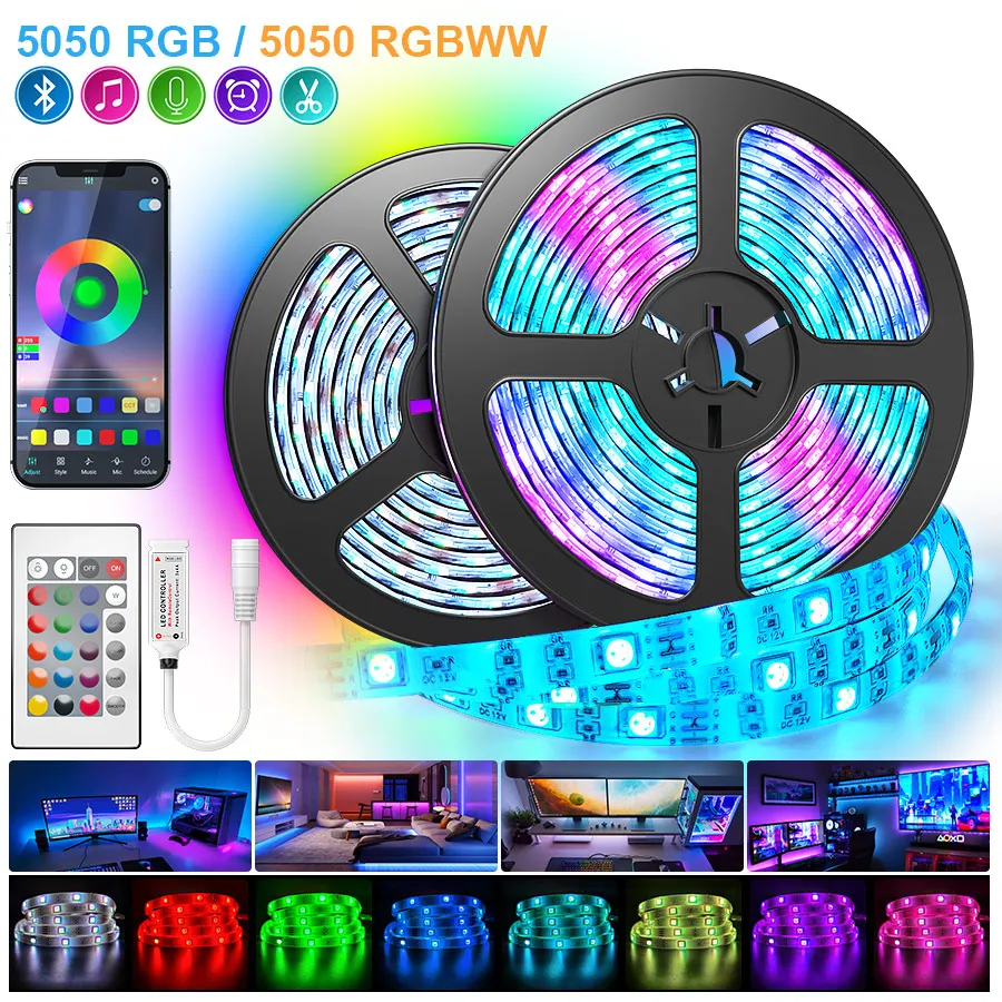 

Led Strips Lights Bluetooth 5050 RGB Warm White RGBWW Led lights Flexible Ribbon 5M-30M Tape Diode Phone Wifi Alexa Control Set