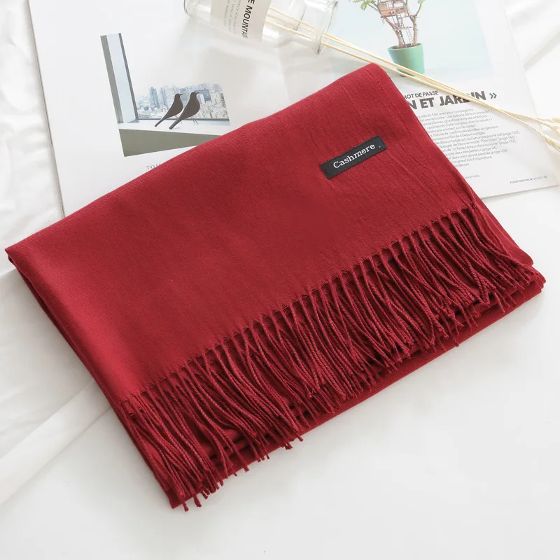 Wine Red Зимний мягкий теплый кашемировый шарф для женщин шерстяные шарфы хаки зимнее пончо черные мужские кашемировые шарфы женские шали красные пашмины - Цвет: Wine Red