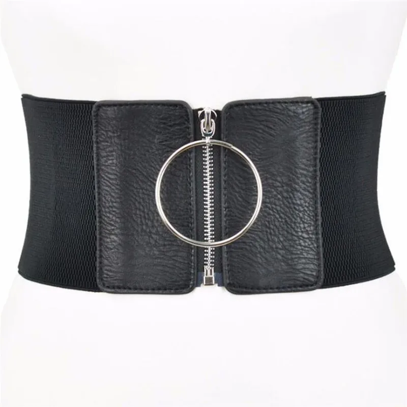Ladies Elastic Belts Female Big Metal Circle Ring Black Cummerbund Comfortable Waist Strap for Decor Women Ultra Wide Belt