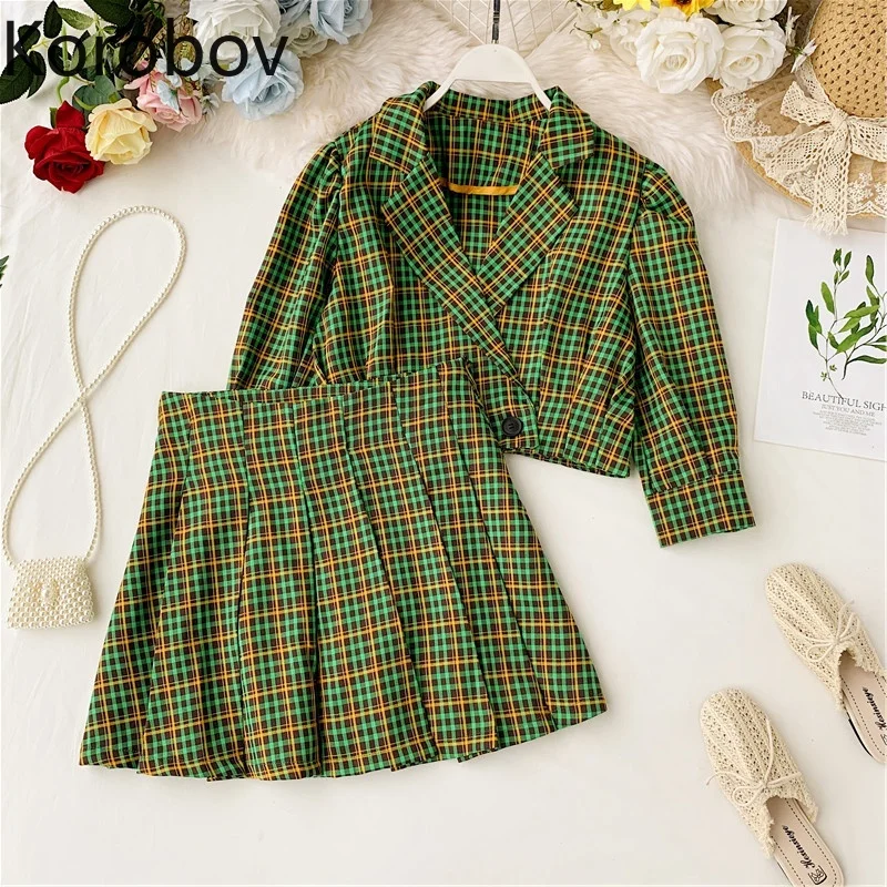 Korobov Корейская винтажная клетчатая юбка комплект из двух предметов укороченный