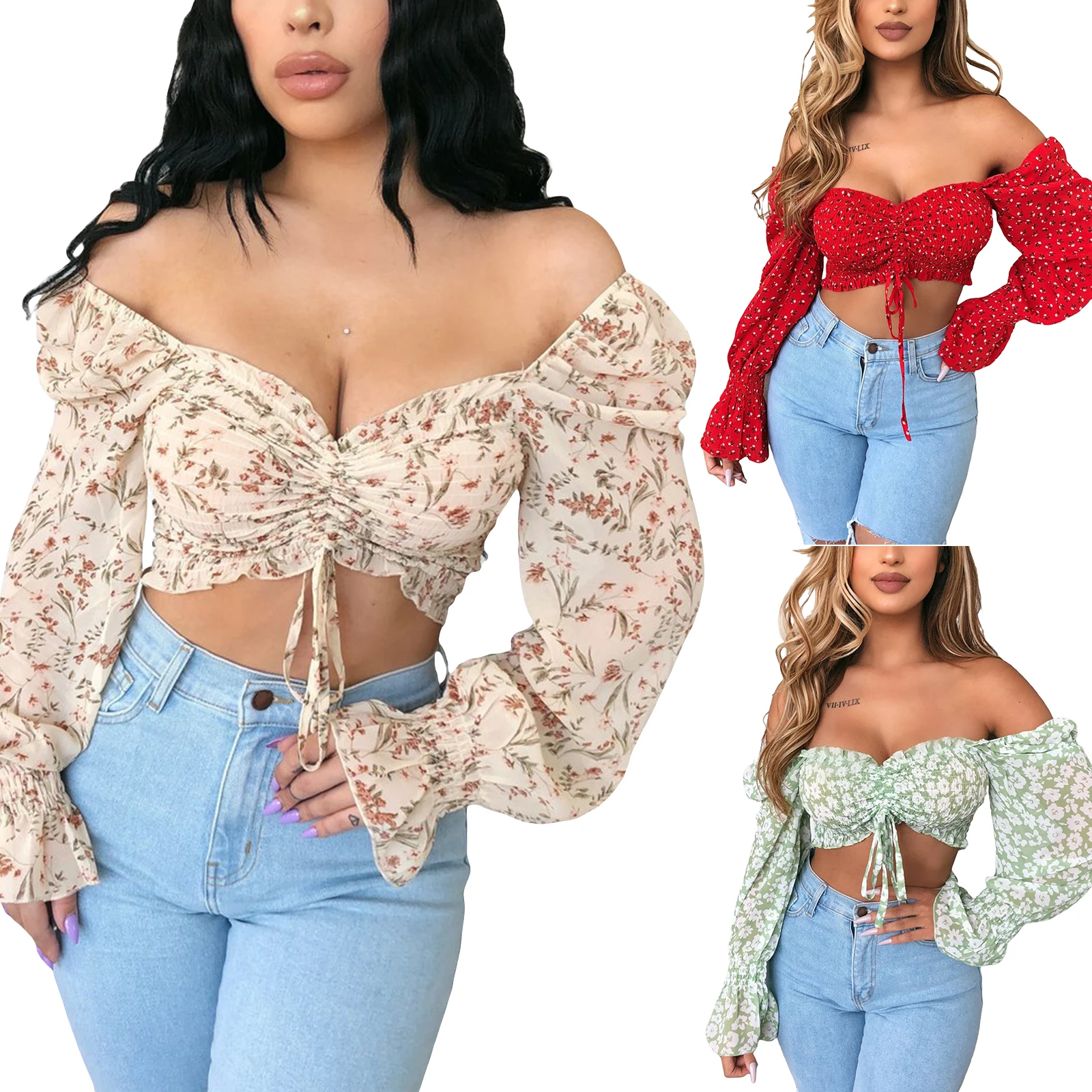 

Female Crop Tanks Tops, Women’ s Floral Print Boat Neck Long Flare Puff Sleeve Shirt with Drawstring for Summer, S/M/L