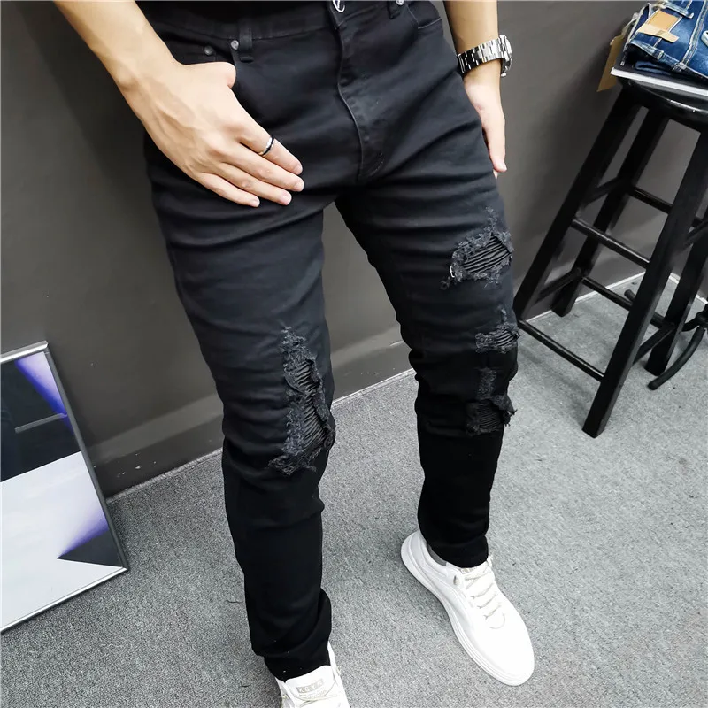 

Black Hole Jean High Street Stacked Jean Ripped Patchwork Jeans Men Stretch Jean Motorcycle Pant Trend Brand Biker Ripped Jean