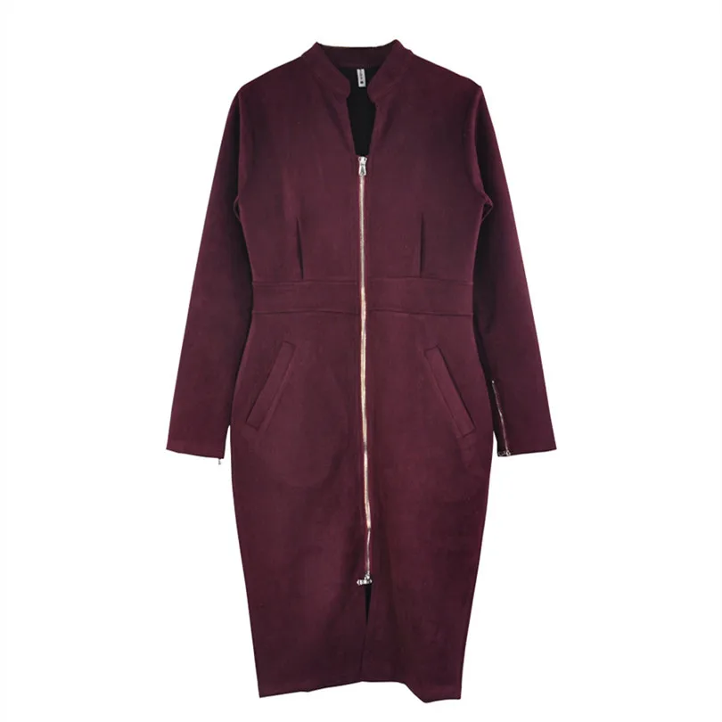 Бургундия TAOVK High Street Suede Платье женское с длинным рукавом Bodycon платье с молнией винтажный воротник-стойка офисные женские платья - Цвет: Бургундия