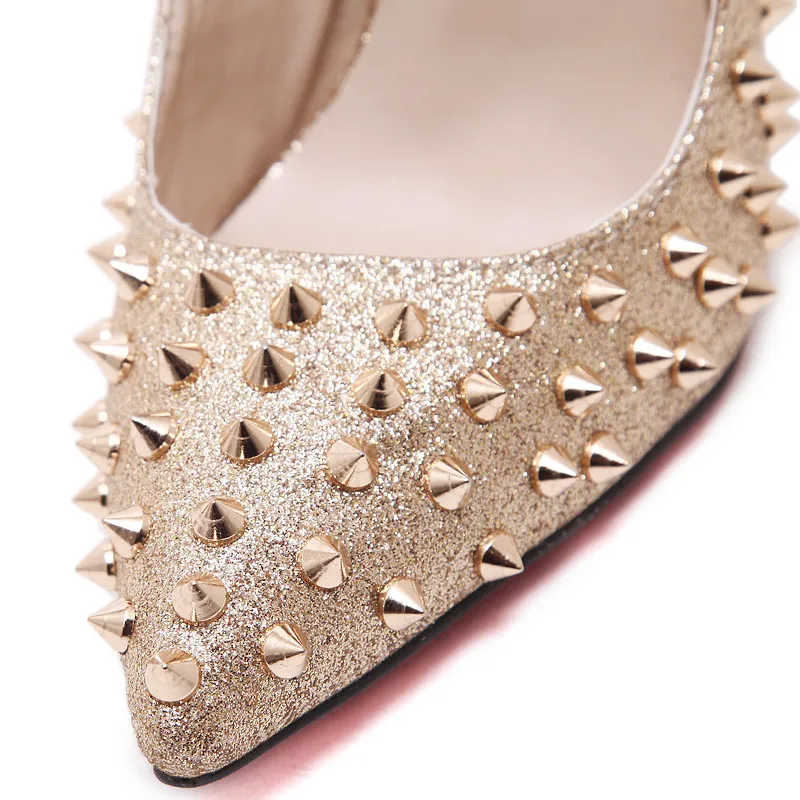 Женские туфли с ремешками и заклепками лодочки на высоком каблуке 12 см острым