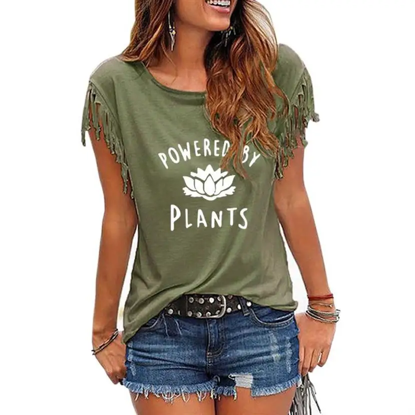 

Powered By Plants Letters Print T-Shirt VEGAN Women Fashion Tassel Tops Tshirt Summer O-neck Plus Size Women Casual T-shirt