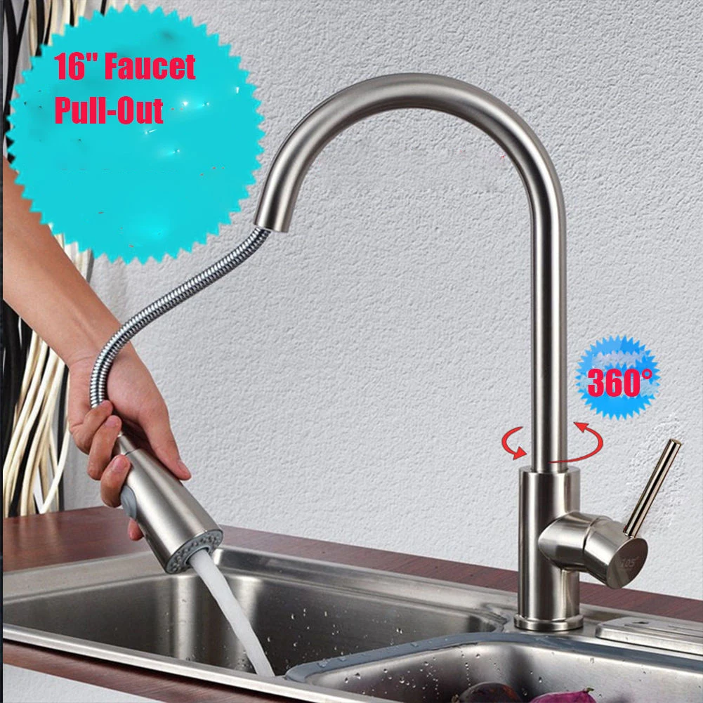 

Kitchen Faucet Handle Mixer Stainless Steel Tap Single Hole Durable Pull Out Brushed Nickel Swivel Sprayer Stream Sink Home
