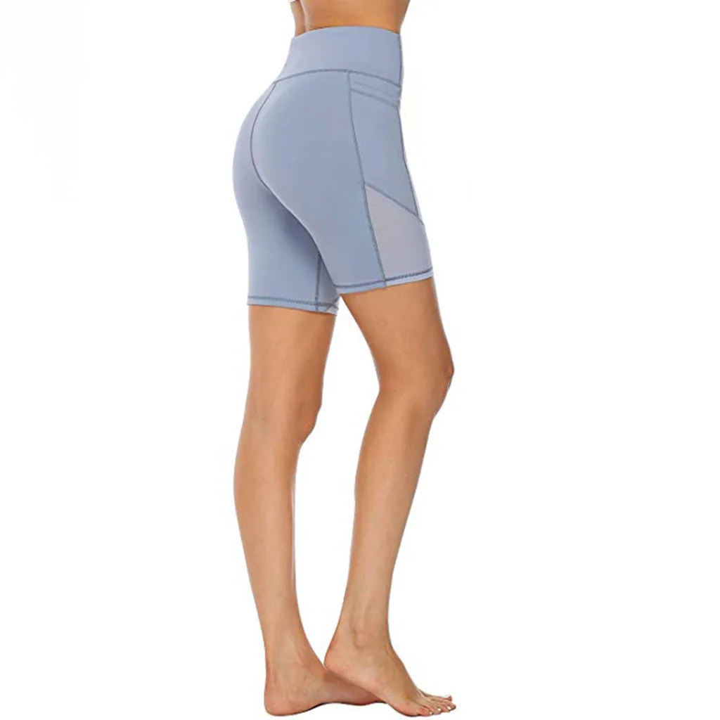 

Women High Waist Yoga Shorts Solid Color Stretch Athletic Workout Shorts Pocket Tummy Control Non See-Through Running Shorts