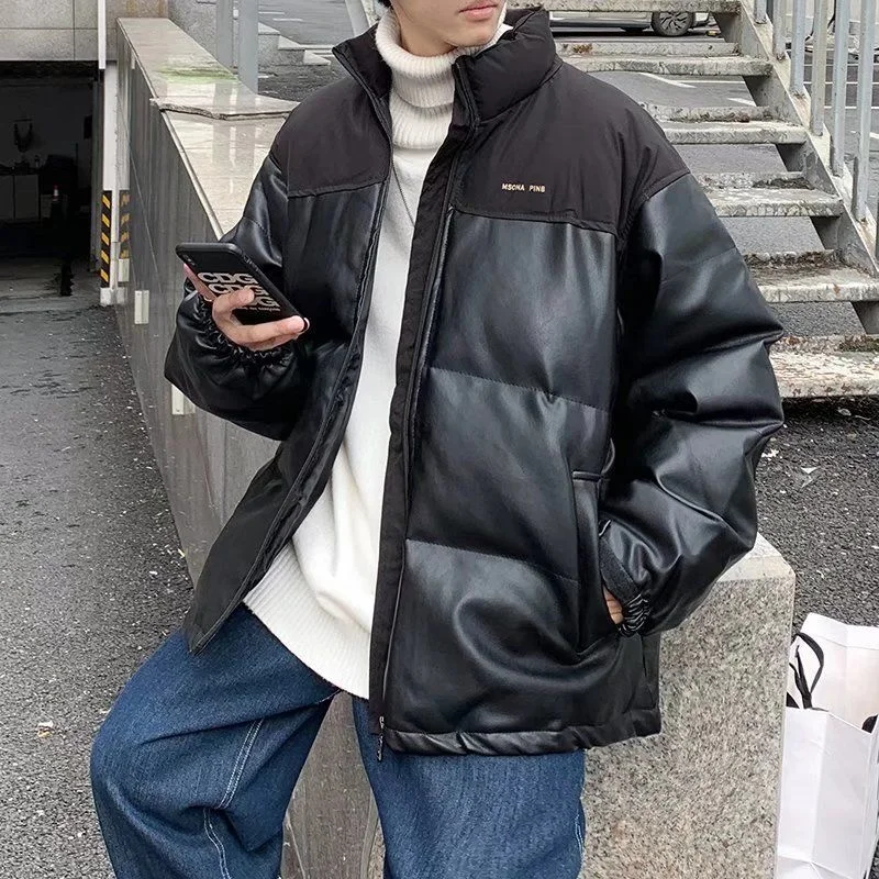 

Men's Winter Jacket Leather Cotton Coat Solid Color Splicing Letter Warm Top Trend Handsome College Streetwear Best New 2021