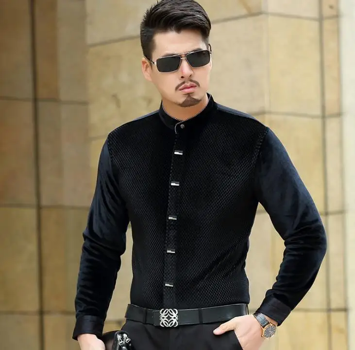 

Мужская шелковая рубашка, черная приталенная рубашка с воротником-стойкой, из бархата, 2019