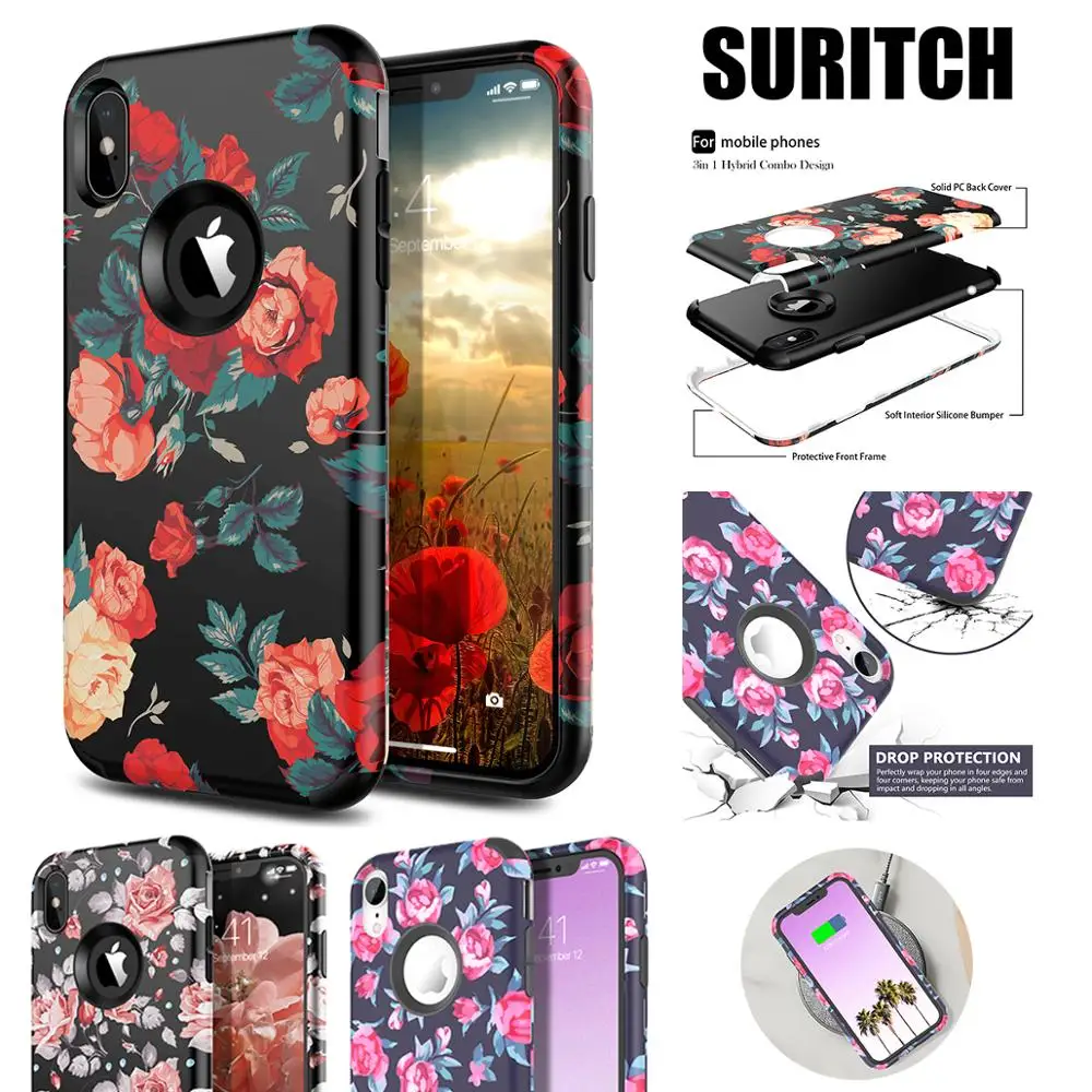 

360 Degrees Flower for iPhone Xs Max X XR 7 Case Rose Pattern Hard Case Hybrid Cover For iphone xr x xs max case Cute Unicorn