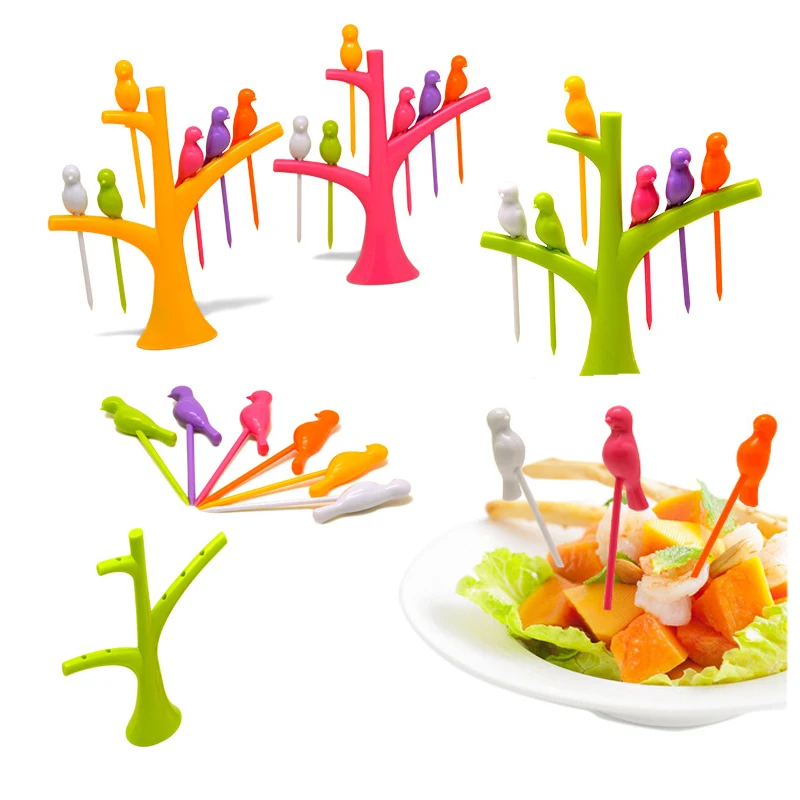 

Tableware Dinnerware Sets Creative Tree Birds Design Plastic Fruit Forks 1 Base And 6 Forks 2020 Hot Sale Vegetable Fork
