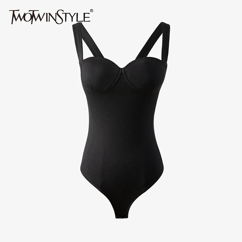 

TWOTWINSTYLE Sexy Black Slim Bodysuit For Women V Neck Sleeveless High Waist Solid Jumpsuit Female Fashion New Clothing 2021