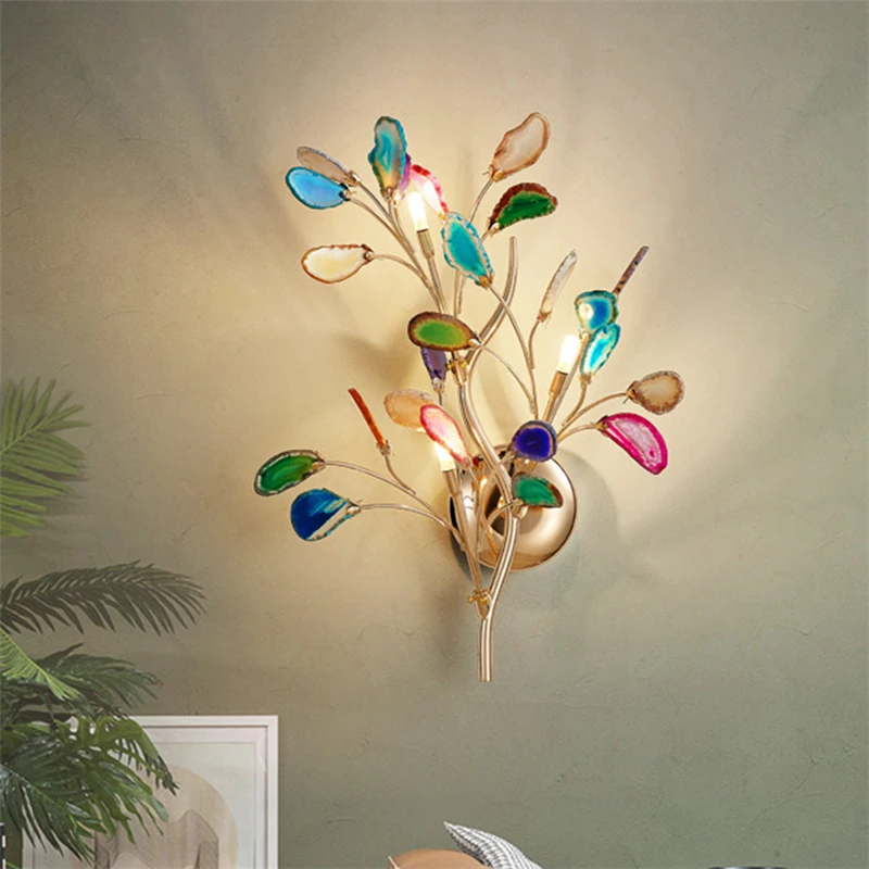 Современные Золотой металлический ветка настенный светильник натуральный агат