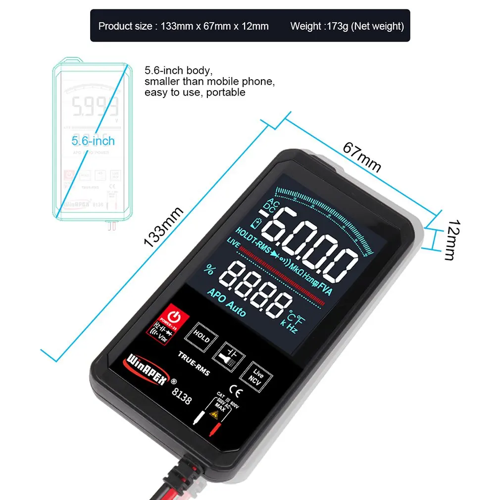 

ET8138/8136 Touch Screen Multimeter Digital Automatic 6000 Count True-RMS Voltage Frequency Capacitance Diode NCV Tester