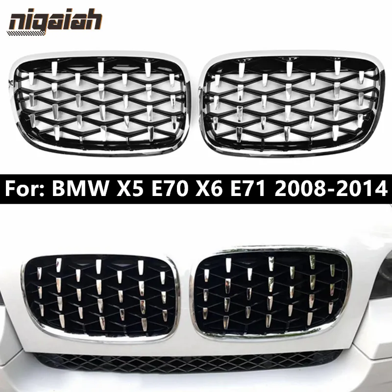 

Алмазный метеоритный гриль для BMW E70 E71 X5 X6 2008-2014, передняя решетка, глянцевый черный и хромированный сетчатый сменный гриль