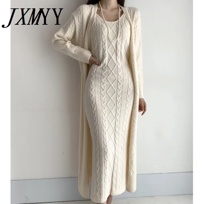 

Elegant Fall Winter Thick Knitted 2 Piece Set Women Twist Long Cardigan Sweater Coat +Sleeveless Long Dress Suit Ensemble Femme