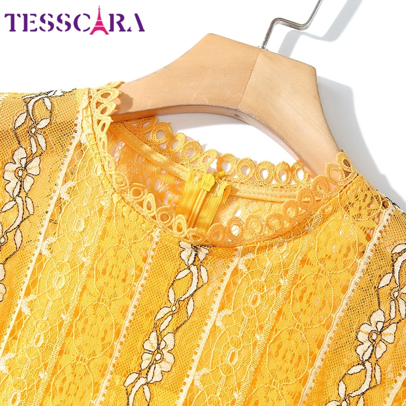 Женское кружевное платье TESSCARA элегантное желтое офисное вечернее дизайнерское