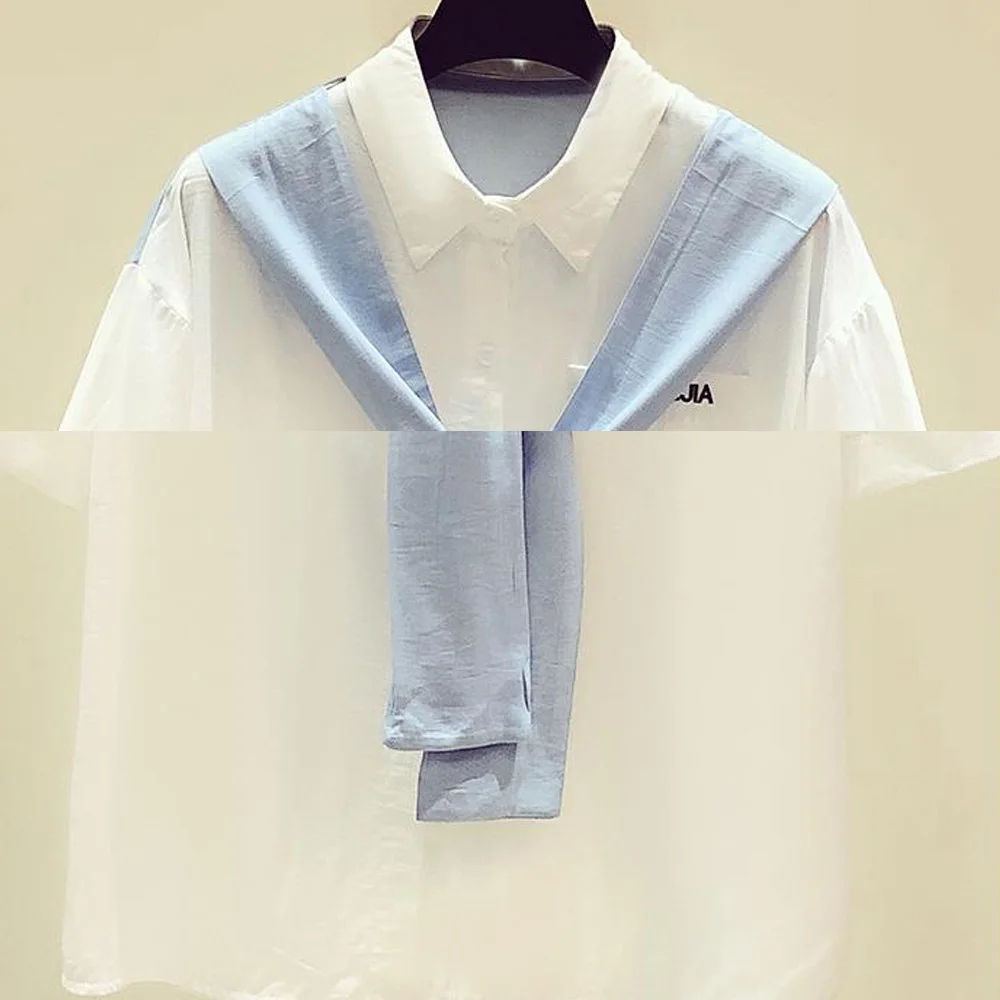 

2021 Summer New Women Fake Two Piece White Shirt Peter Pan Collar Tie Blouse Short Sleeve Casual Tops Feminina Blusa