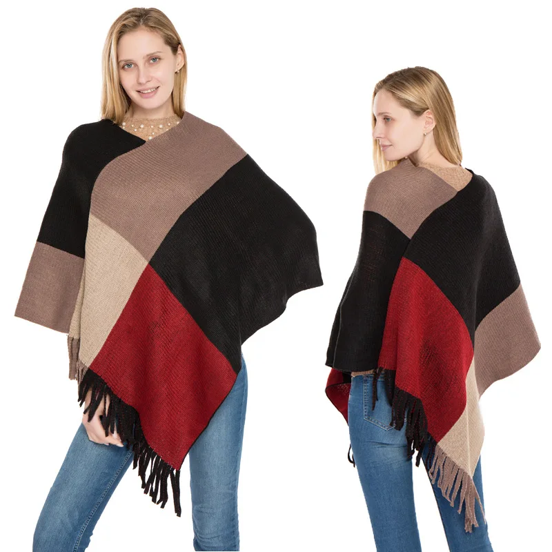 

Womens Elegant Plaid Capes and Ponchos Autumn Winter V-neck Shawl Fringed Pullover Sweater Cloak Women Cashmere Batwing Coat