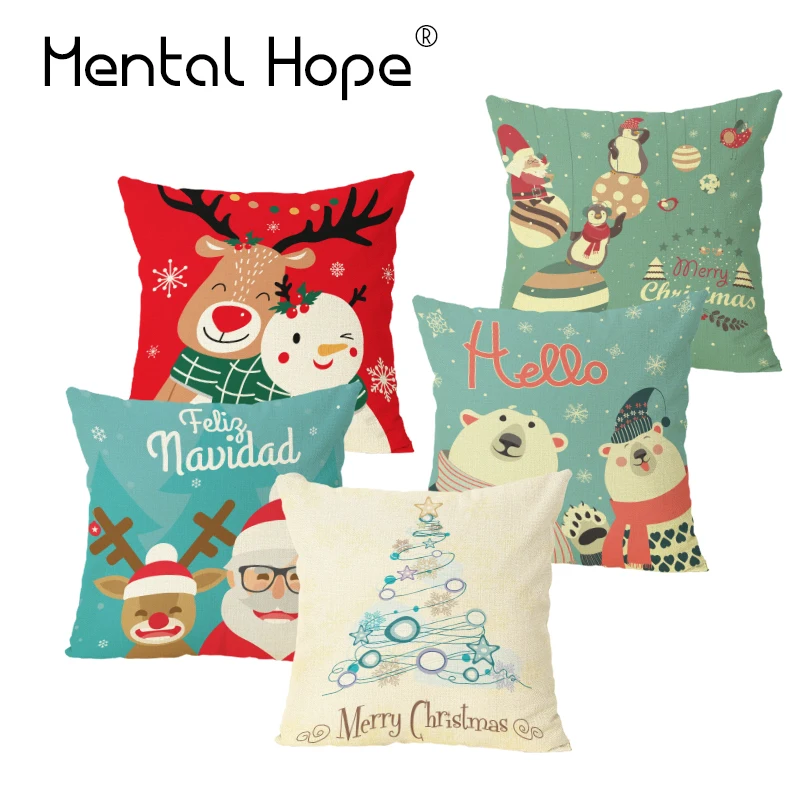 

Наволочка с принтом Санта-Клауса и оленя, льняная хлопковая декоративная подушка для дивана, Рождественское украшение, квадратная наволочк...