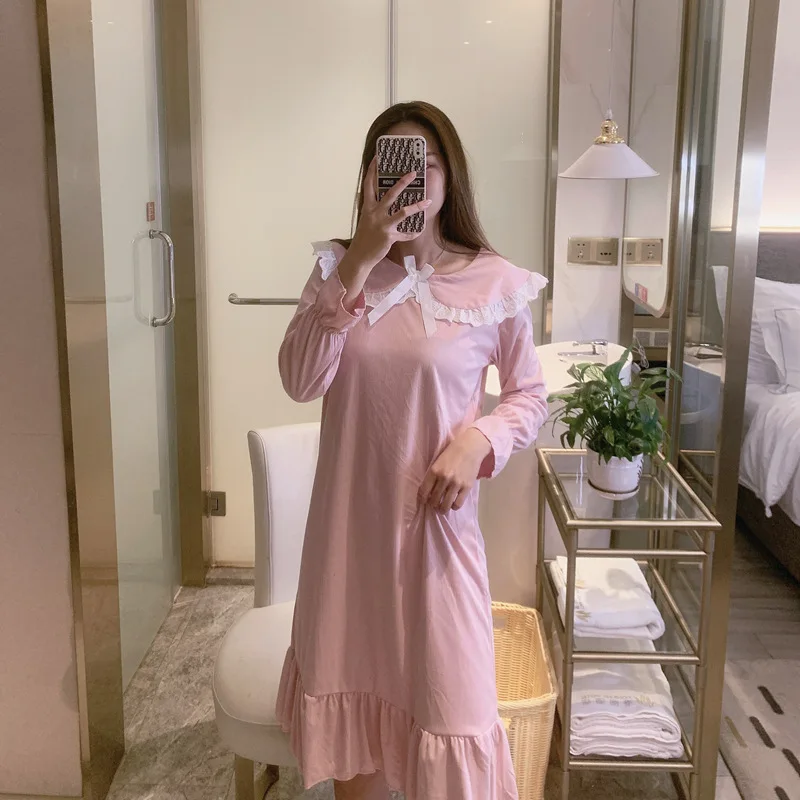 Spring Autumn Long Sleeve Fairy Palace Nightdress Women Doll Collar Princess Wind Milk Silk Striped Nightgown Home Clothes
