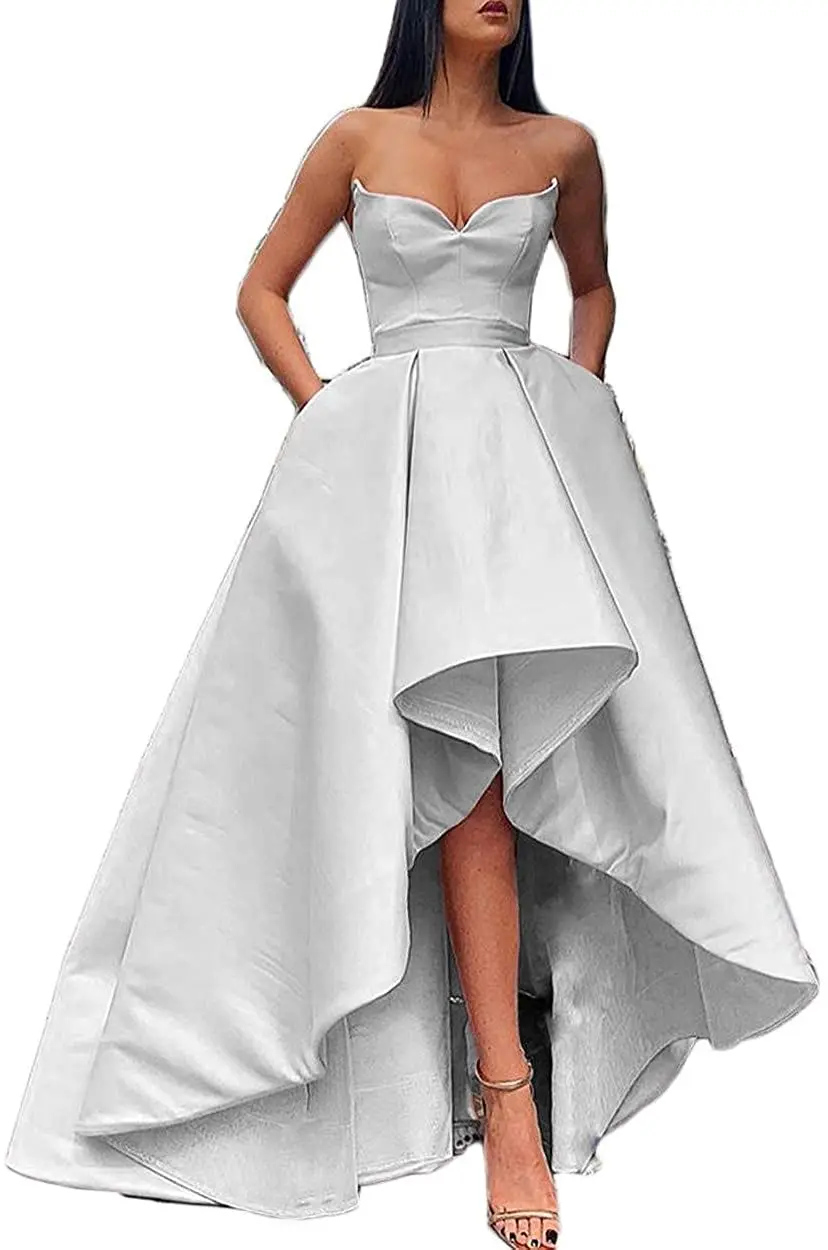 

Women's Long Strapless Prom Dress High-Low Satin Formal Evening Ball Gowns with Pockets Satin Dress Party Formal