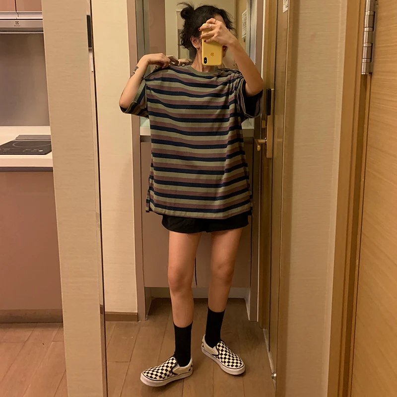 

Summer 2021 Japanese Vintage Color-Blocking Striped T-Shirt Female Lively Youth Kawaii Girl Clothes Simple Oversized Women's Top