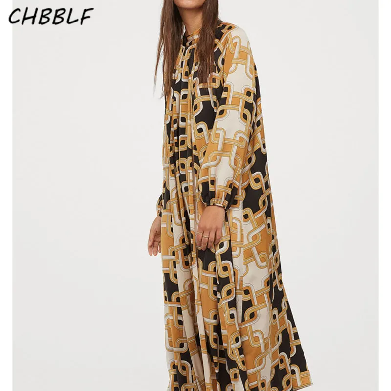 CHBBLF женское винтажное платье с принтом длинным рукавом и воротником-стойкой