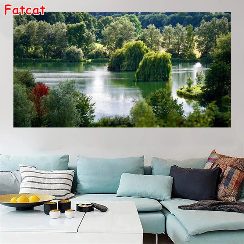 

Full Square/round drill 5D Diamond painting green lake tree landscape Diamond embroidery natural scenery wall decor PP2471