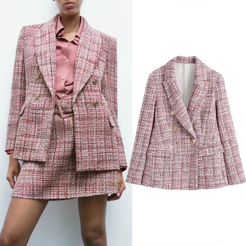 

Za 2021 Vintage Textured Blazer Women Metal Double Breasted Fitted Coat Autumn Elegant Female Blazers Fashion Long Sleeve Jacket