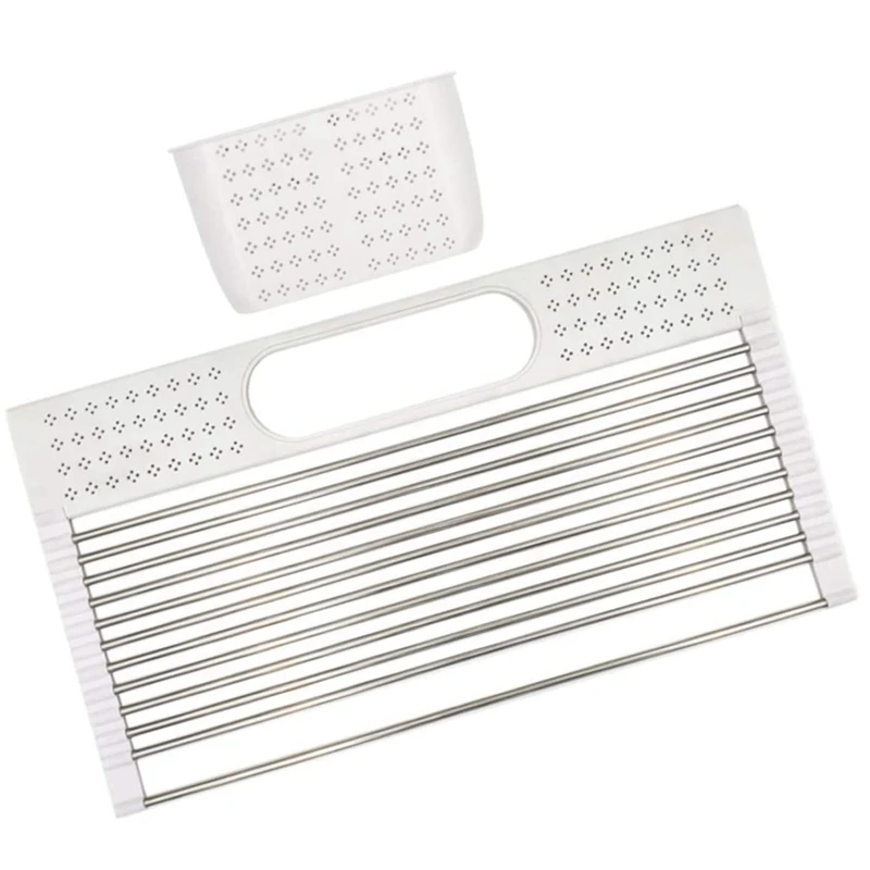

Dish Drying Rack over the Sink 20inch x 11inch Large Roll Up Stainless Steel Kitchen Drainer with Utensil Holder