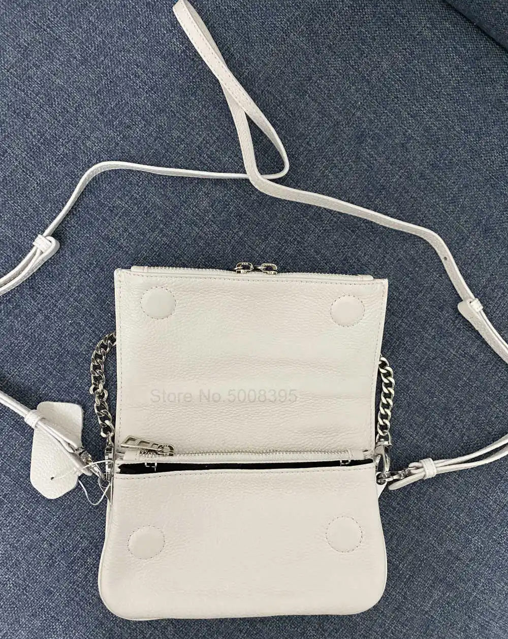 

Woman White Leather Folder Bag Silver Metal Chains Small Bags Wings Decorate Messenger Bag 2021