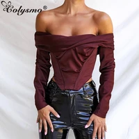 colysmo off shoulder top 2 layers elastic padded boned zipper split long sleeve crop top lady chic shirts elegant satin blouse