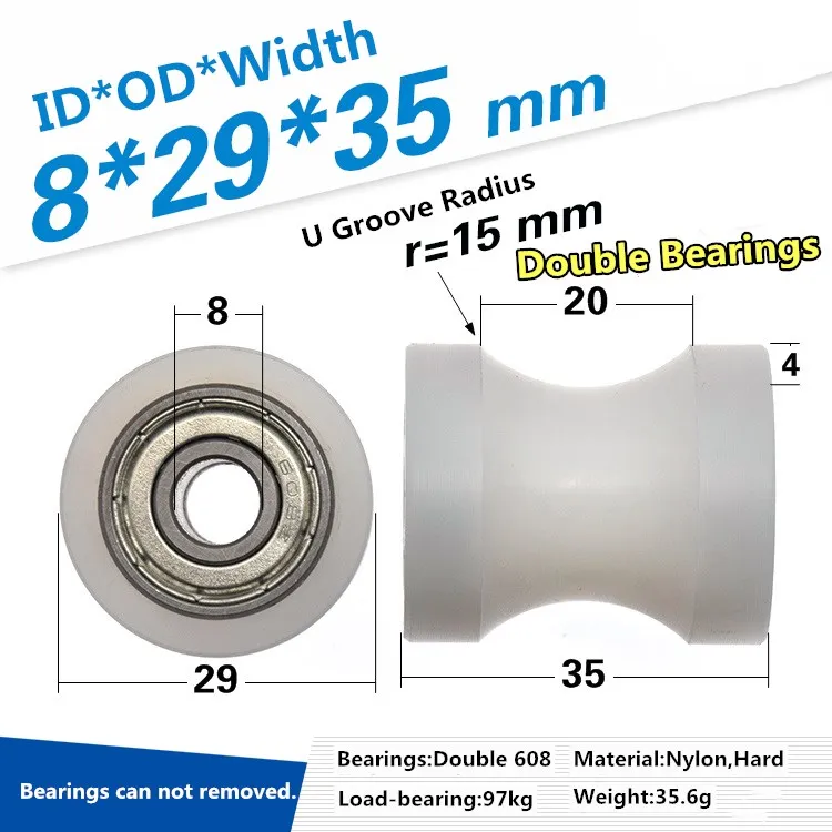 1pc 608z bearing coated pulley rolling wheel CNC nylon machining U slot concave guide wheel roller 6/8 x29 x 35mm