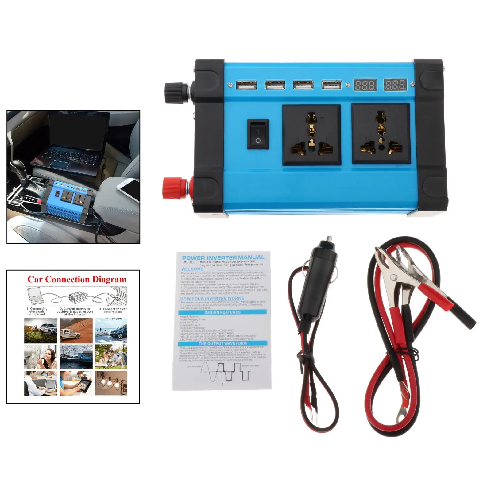 

300W Car Power Inverter 12V DC to 110VAC 220V AC Outlets 4 USB Adapter