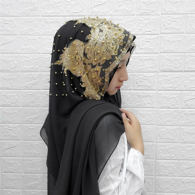Роскошный женский мусульманский бисероплетенный кружевной свадебный хиджаб