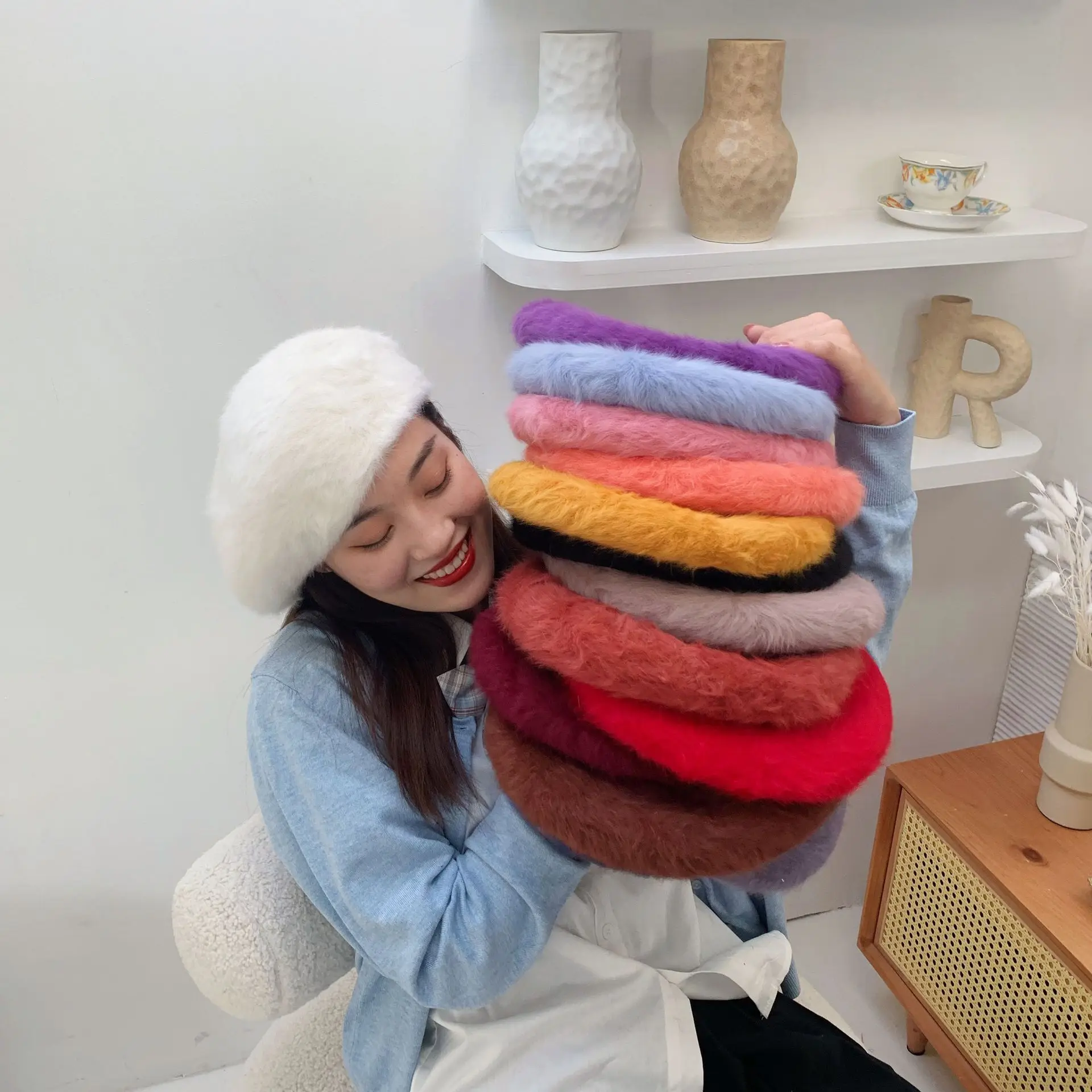 

Imitation Mink Velvet Beret Hat Women Autumn Winter Korean Version of Pure Color Warm Painter Hat Dome Pumpkin Hat Zachte Baret