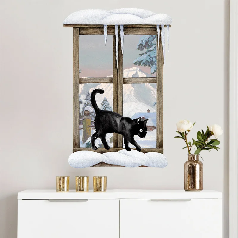 

New Winter Atmosphere Painted Black Cat 3d Window View Snow Mountain Snow Scene Living Room Home Wall Decoration Wall Sticker
