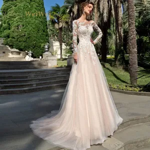 Elegant Long Sleeve Wedding Dress Scoop Neck A-Line Floor Length Lace-Up Applique Vestidos De Novia Cвадебное Nлатье 2021