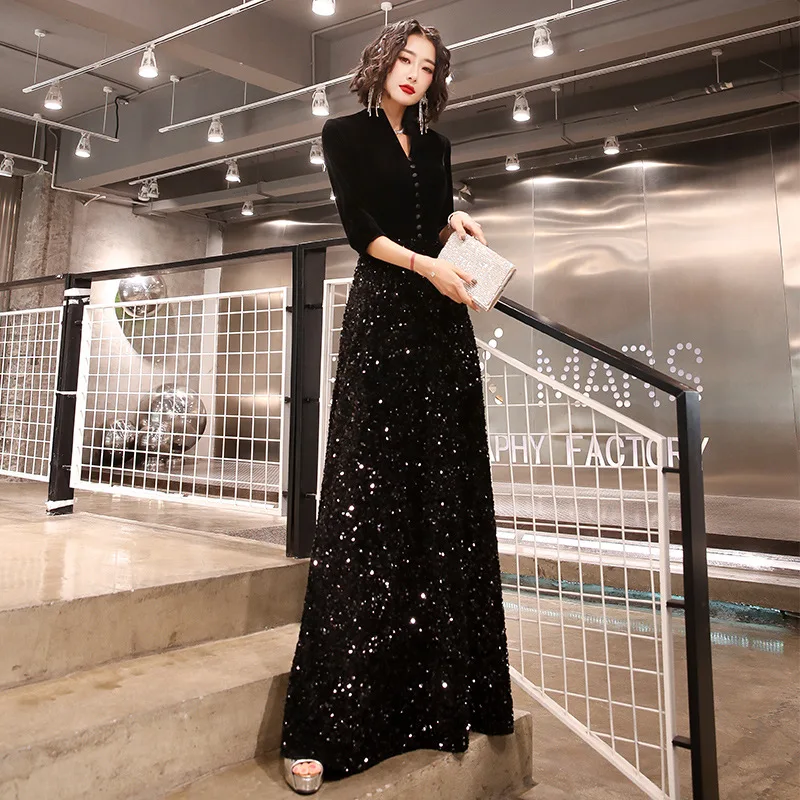 

Simple Fashion Black Evening Dress For Women Exquisite Half Sleeve Sequins A-Line Slim Floor-Length Dresses Formal Evening Gowns