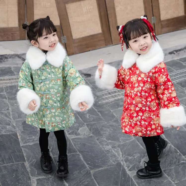 Толстое Ципао для девочек зимний детский костюм Тан воротник из искусственного