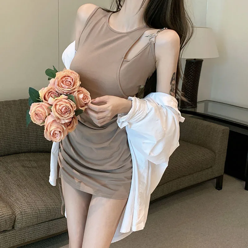 

2021 Summer New Korean Off Shoulder Dress High Waist Sexy Bag Hip Pleated Mini Dress Hollow Out One Piece Women'S Clothing Dress