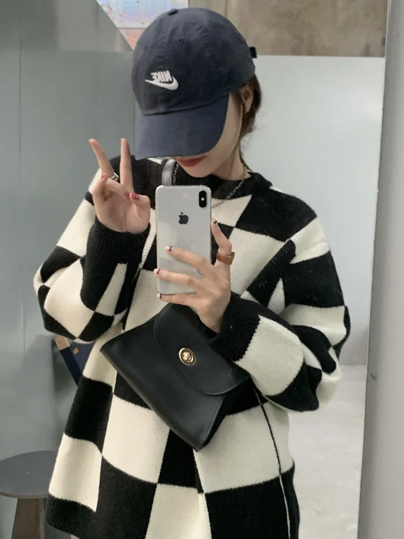 Пуловер в шахматную клетку свитер с круглым вырезом Женская осенне-зимняя