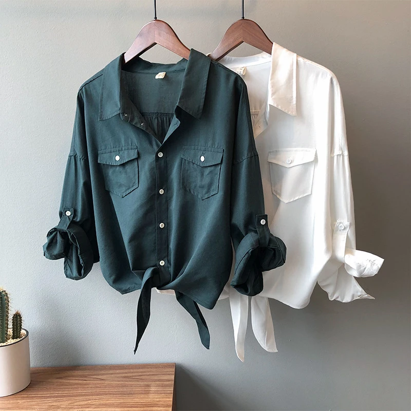 

Autumn Women Casual Shirt Cotton High Quality Solid Long Sleeve Shirt Turn-down Collar Fashion Pocket Blouse Woman Tops