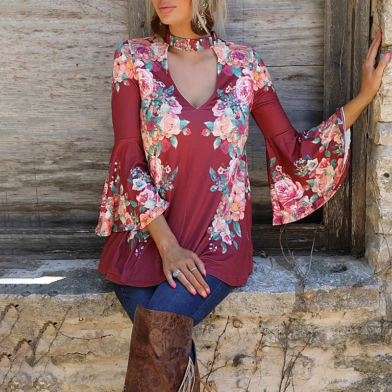 

Women Sexy Hollow Out Floral Blouse Shirt Spring Flare Sleeve Loose Tops Pullover Vintage V Neck CLOTHES Elegant Office Lady Top