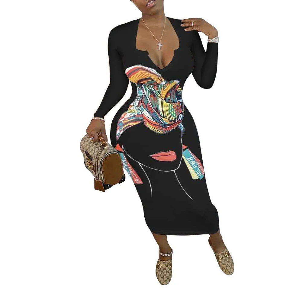 

Women Long Sleeve Sexy V Neck Dress Autumn Winter Bodycon Casual Long Dress Fashion Print Night Club Midi Dresses 2020 Clothings