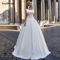 smileven simple and clean wedding dresses satin a line ivory lace bride dresses sleeveless lae up back wedding gowns
